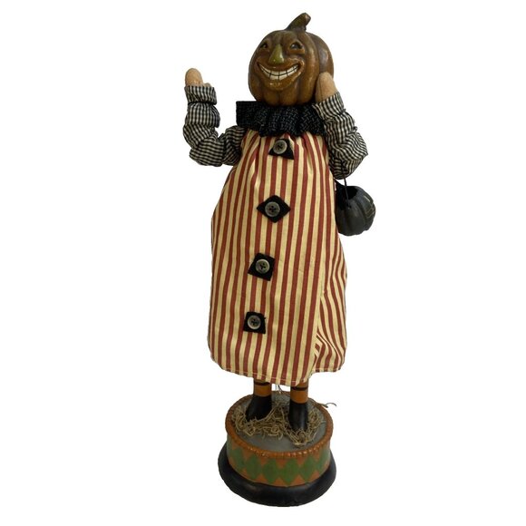 Halloween Pumpkin Head Figurine On Stand Fabric Resin Scarecrow 16 in Vtg - Picture 1 of 10